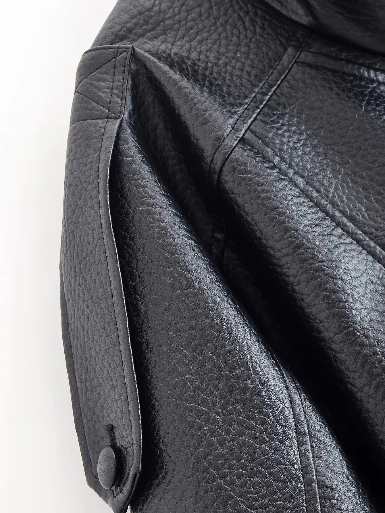 Women's Vegan Leather Asymmetrical Zip Jacket in Black - shoulder detail | Hensley London
