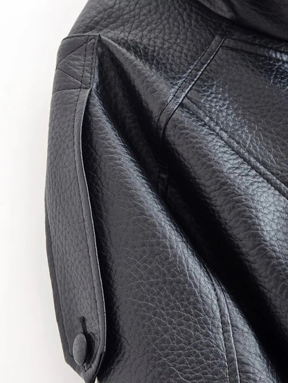 Women's Vegan Leather Asymmetrical Zip Jacket in Black - shoulder detail | Hensley London