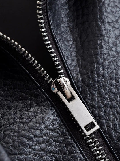 Women's Vegan Leather Asymmetrical Zip Jacket in Black - zip detail | Hensley London