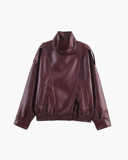Women's Vegan Leather Asymmetrical Zip Jacket in Red - front product view | Hensley London