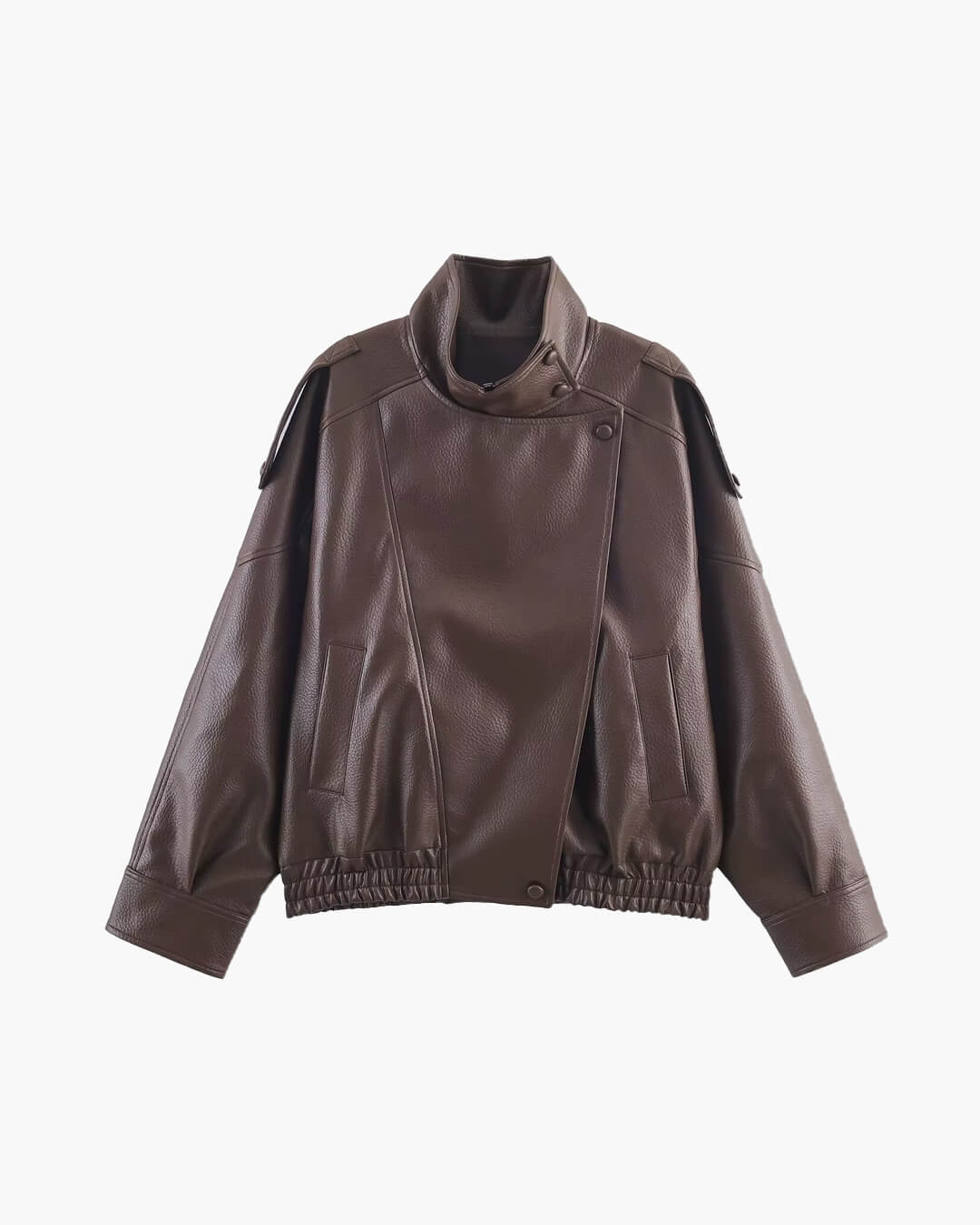 Women's Vegan Leather Asymmetrical Zip Jacket in Brown - front product view | Hensley London