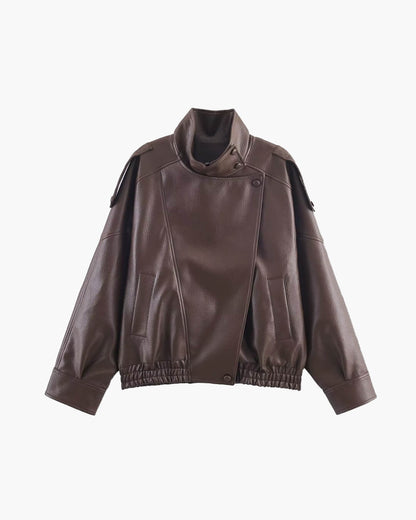 Women's Vegan Leather Asymmetrical Zip Jacket in Brown - front product view | Hensley London