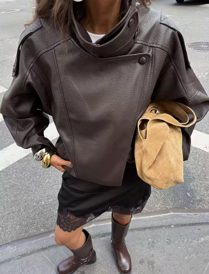 Women's Vegan Leather Asymmetrical Zip Jacket in Brown - lifestyle view | Hensley London