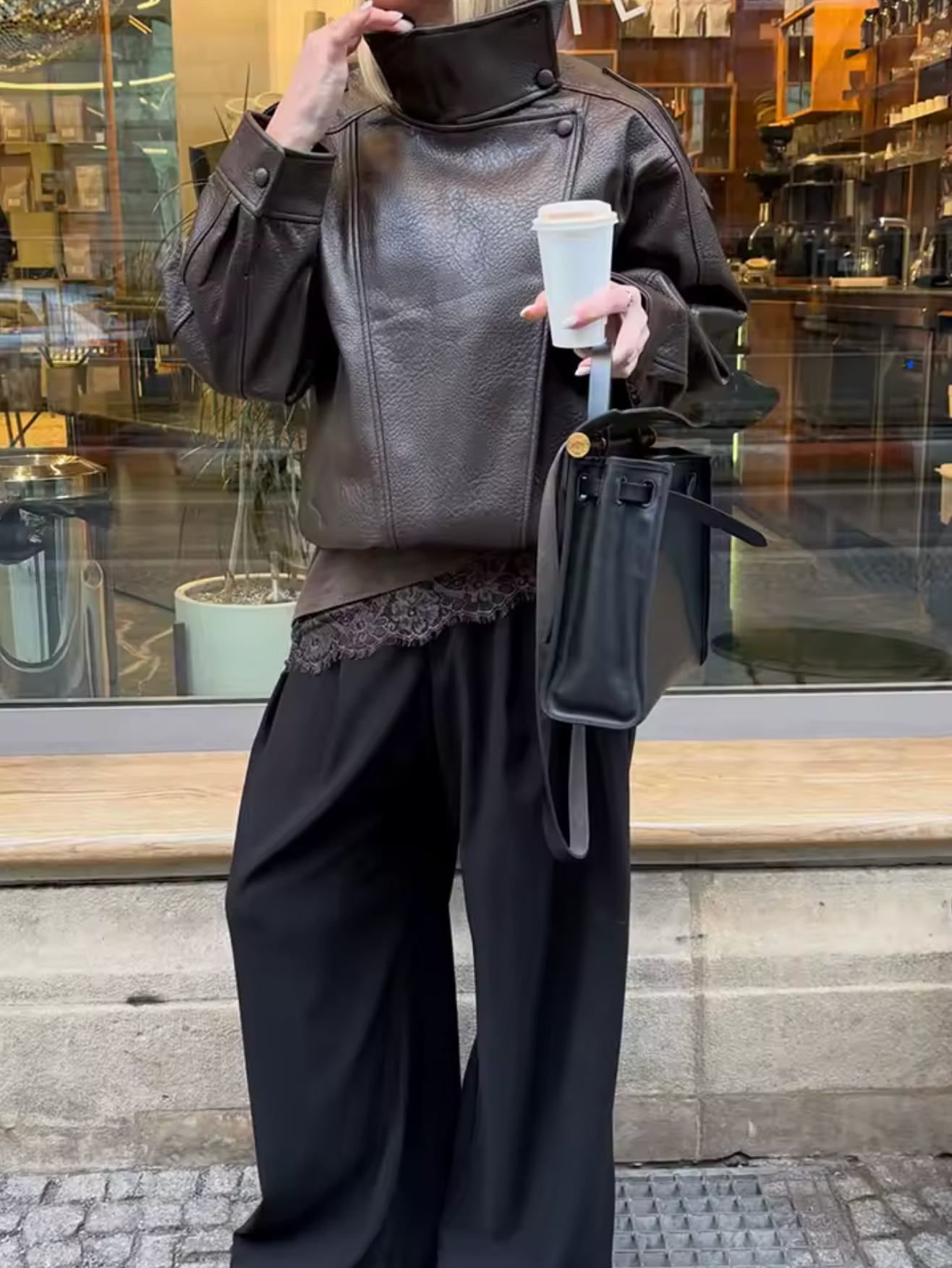 Women's Vegan Leather Asymmetrical Zip Jacket in Brown - lifestyle view | Hensley London