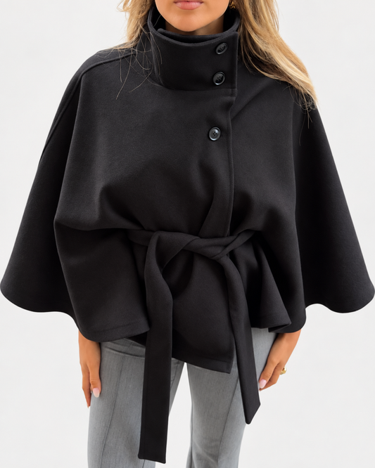 Women's High-Neck Belted Cape Jacket in Black - front studio view | Hensley London