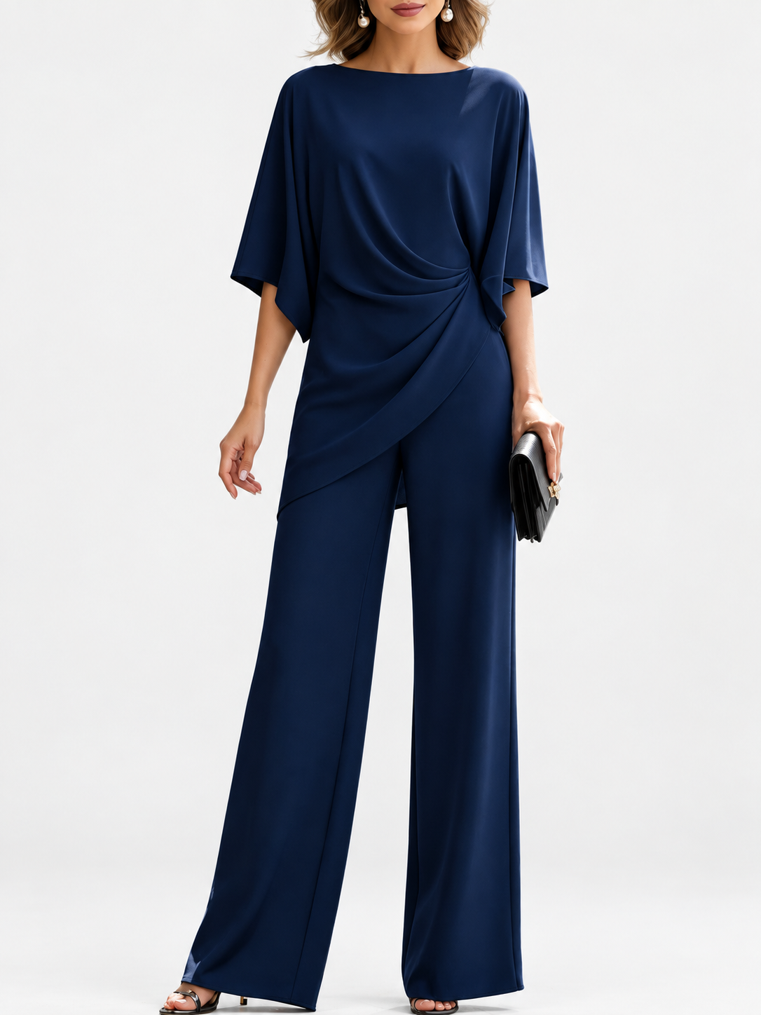 Women's Draped Blouse and Wide-Leg Pants Two-Piece Set in Navy Blue - front studio view | Hensley London