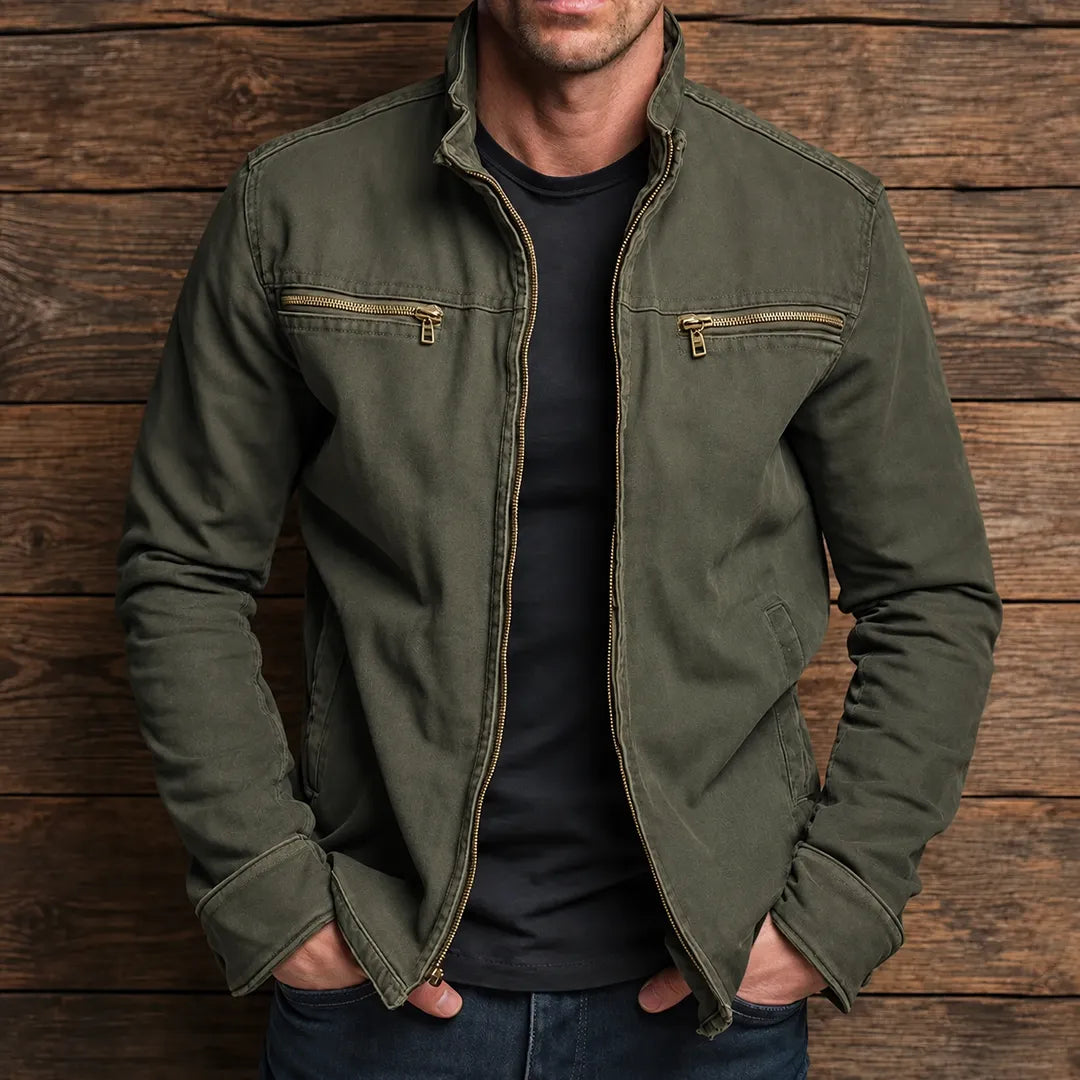 Men's Stand Collar Zip Jacket in Green – front view on model | Hensley London
