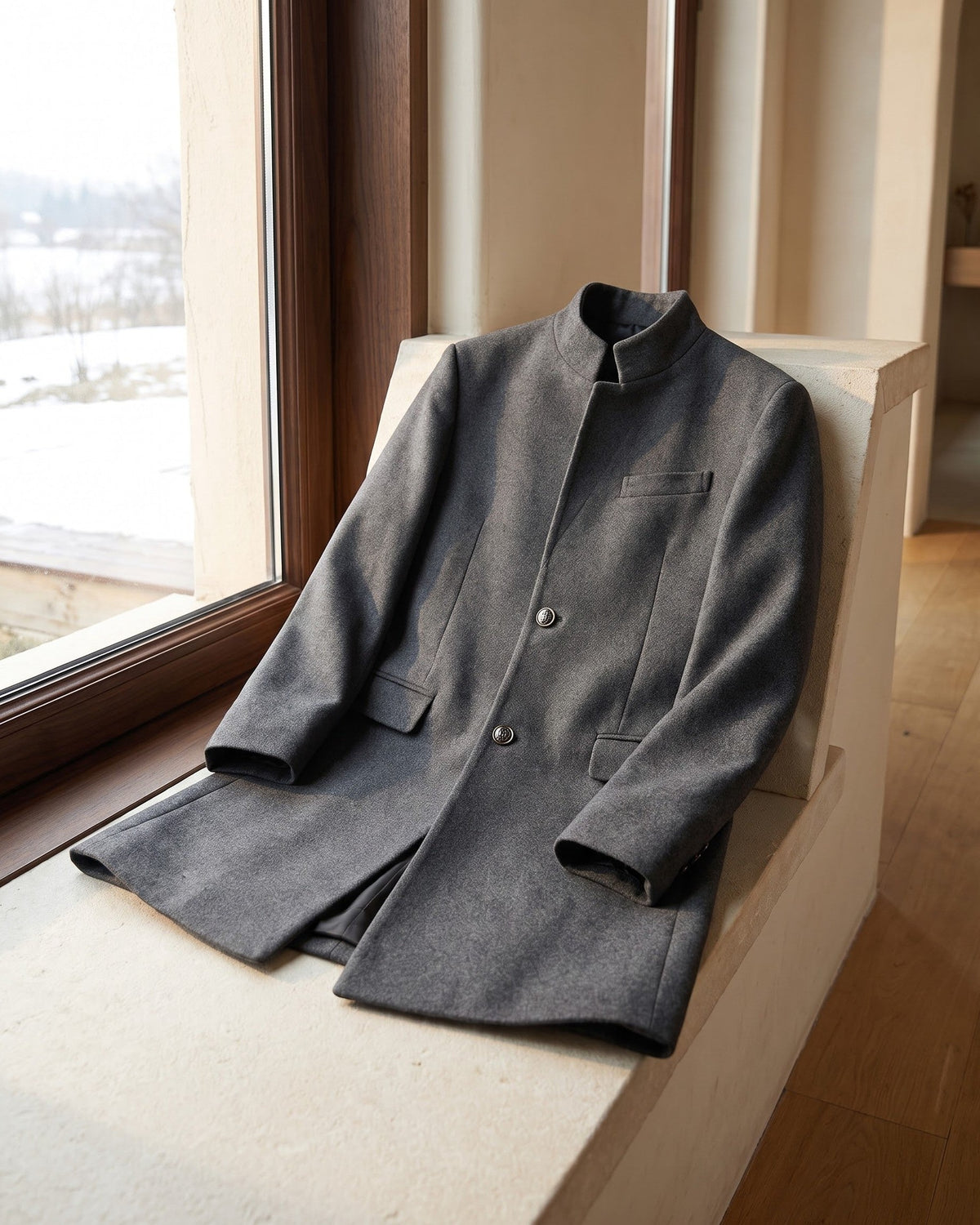 Men's Wool Mandarin Collar Overcoat - additional product view | Hensley London