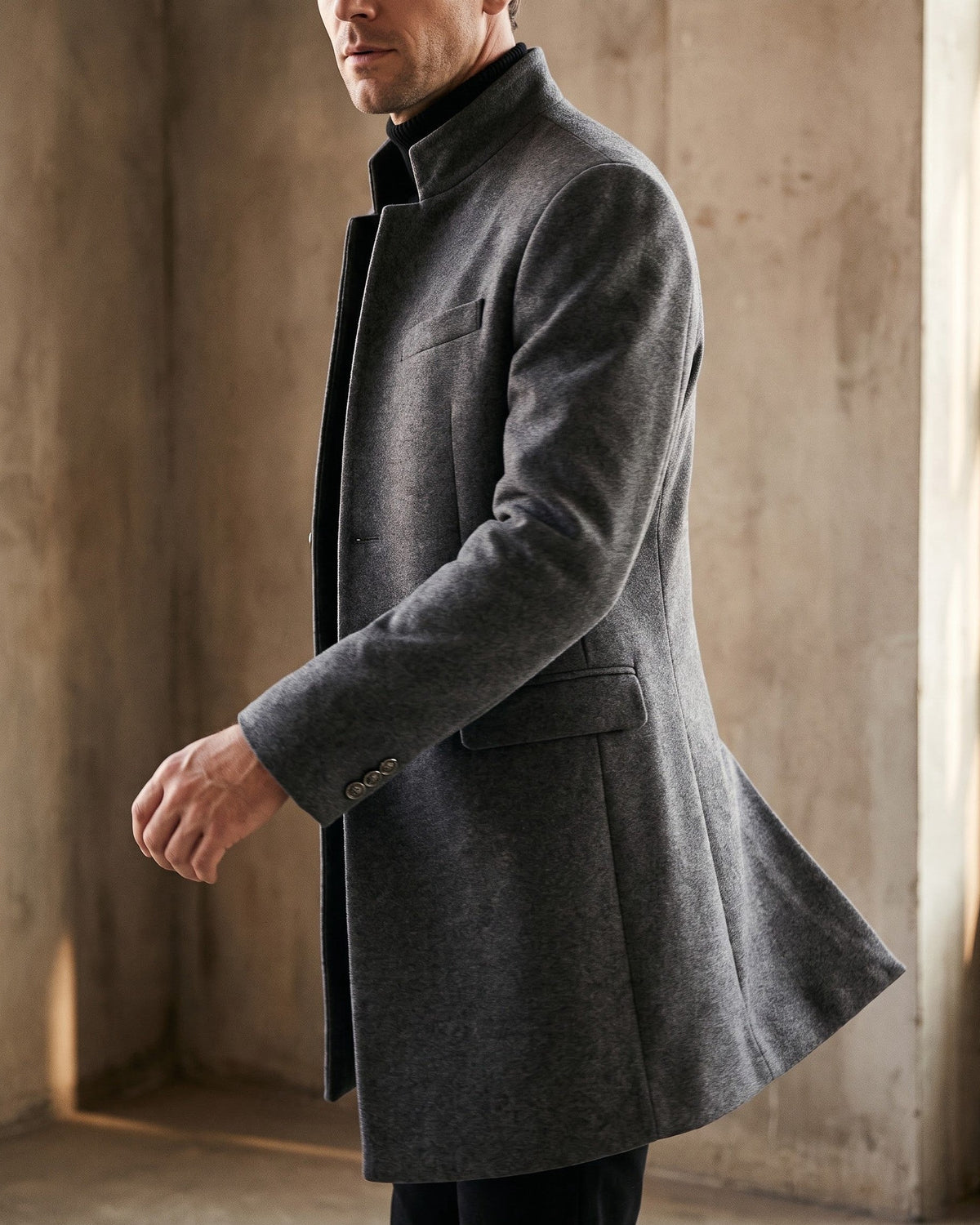 Men's Wool Mandarin Collar Overcoat - additional product view | Hensley London