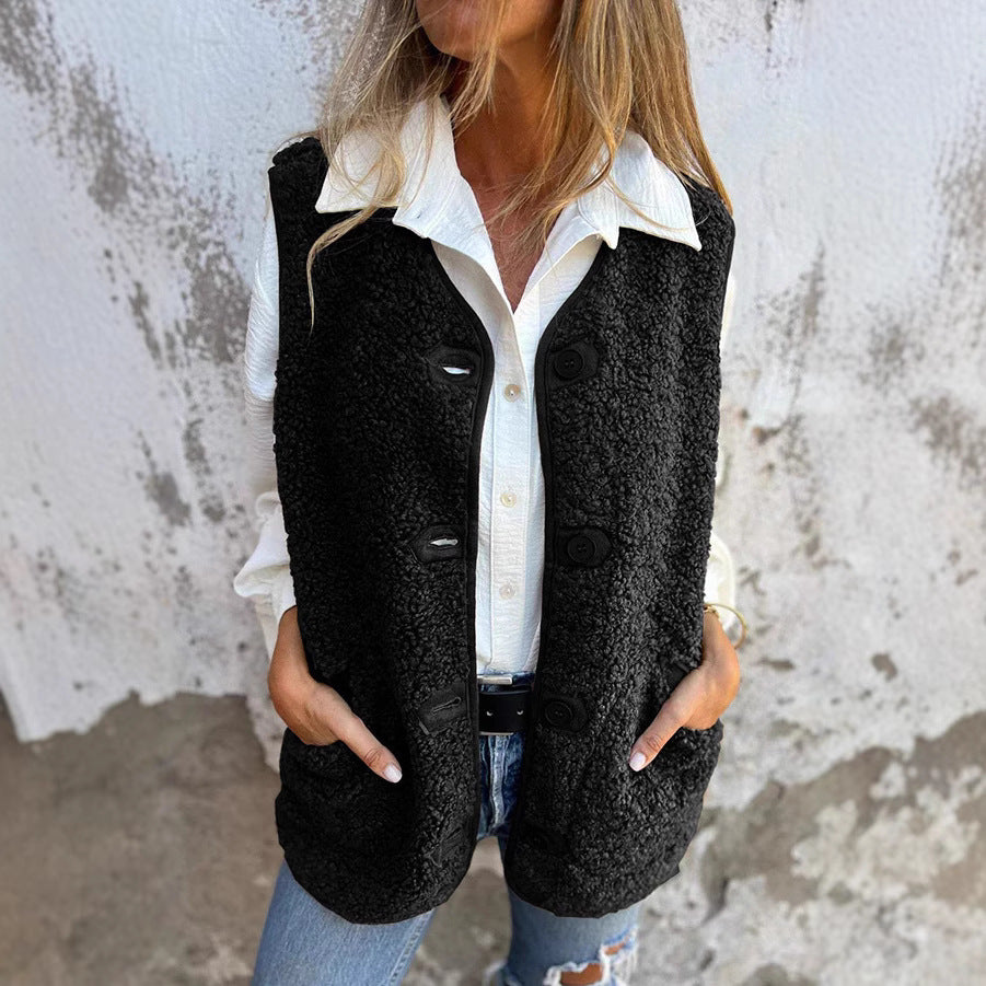 Women's Plush Button-Front Pocket Vest in Black - product view | Hensley London