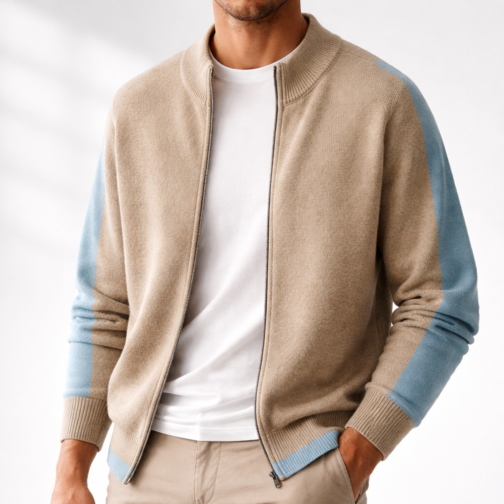 Men's Merino Wool Contrast Zip Cardigan - additional product view | Hensley London