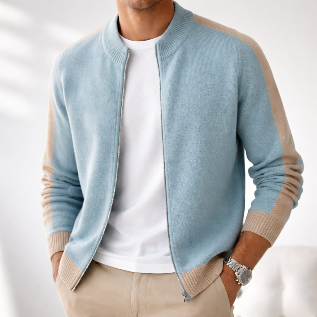 Men's Merino Wool Contrast Zip Cardigan - additional product view | Hensley London