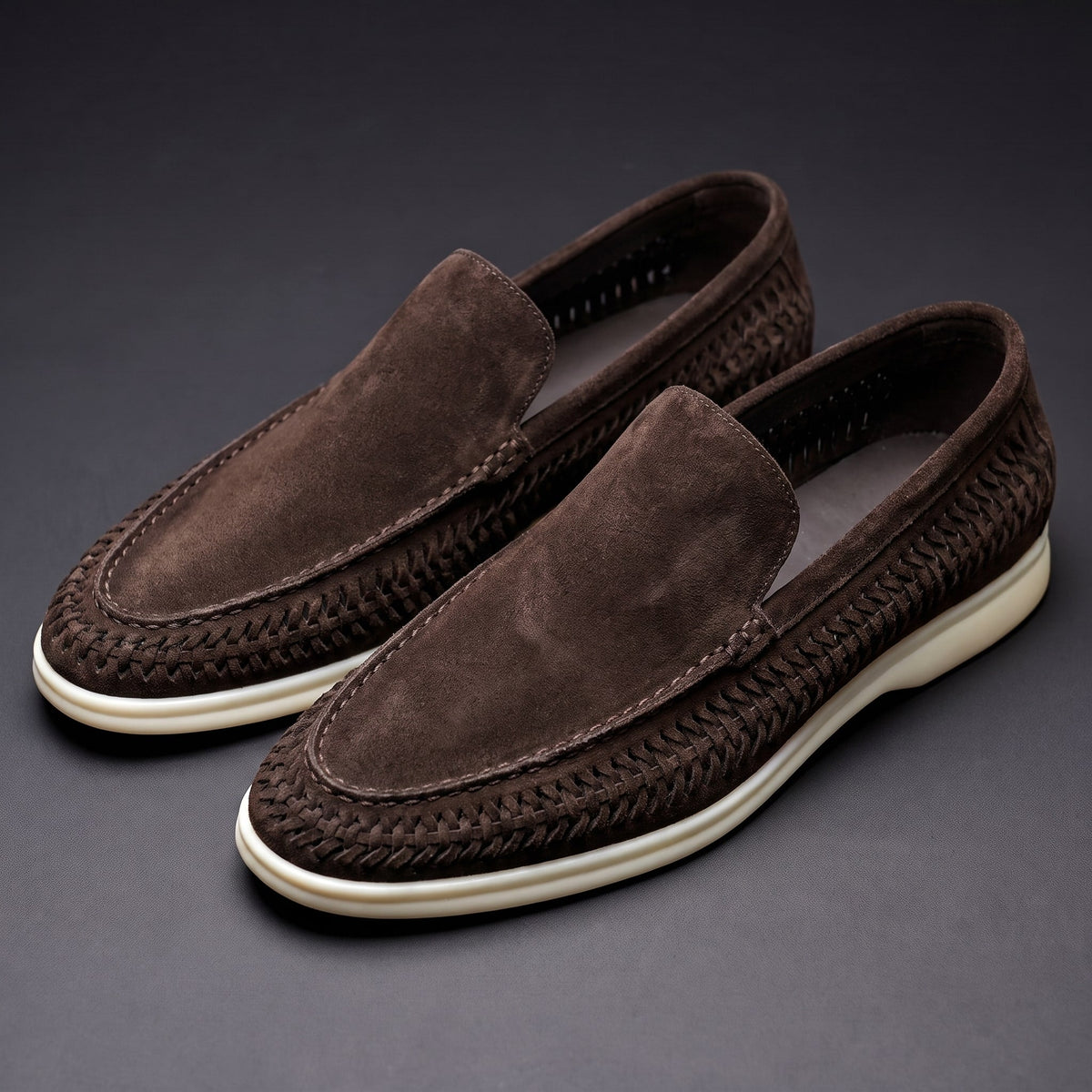 Men's Microsuede Woven Slip-On Loafers in Coffee – three-quarter pair | Hensley London