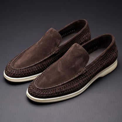 Men's Microsuede Woven Slip-On Loafers in Coffee – three-quarter pair | Hensley London