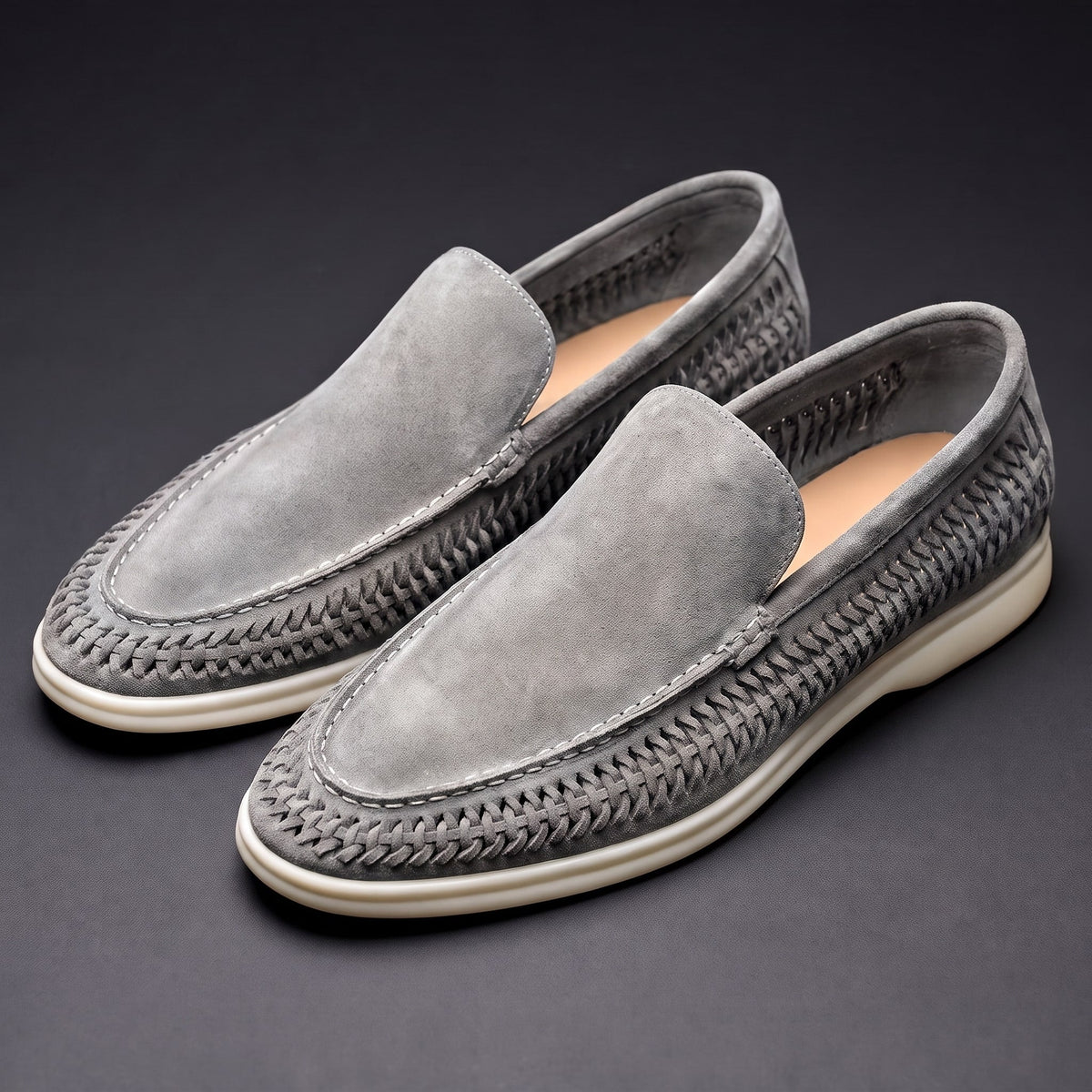 Men's Microsuede Woven Slip-On Loafers in Gray – three-quarter pair | Hensley London