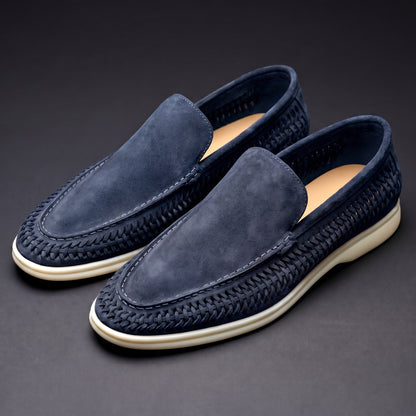Men's Microsuede Woven Slip-On Loafers in Navy – three-quarter pair | Hensley London
