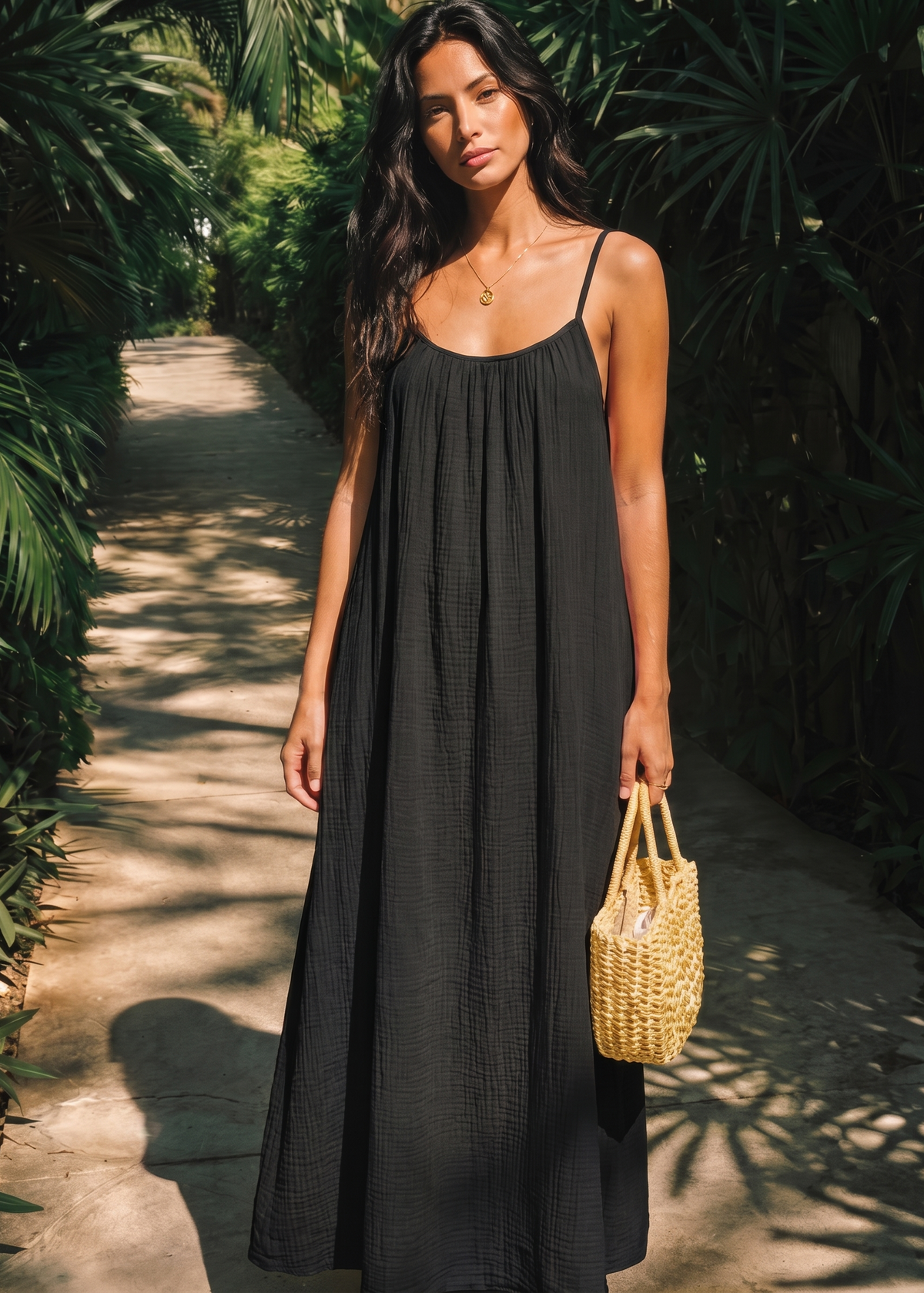 Women's Backless Cami Maxi Dress in Black – Front view | Hensley London