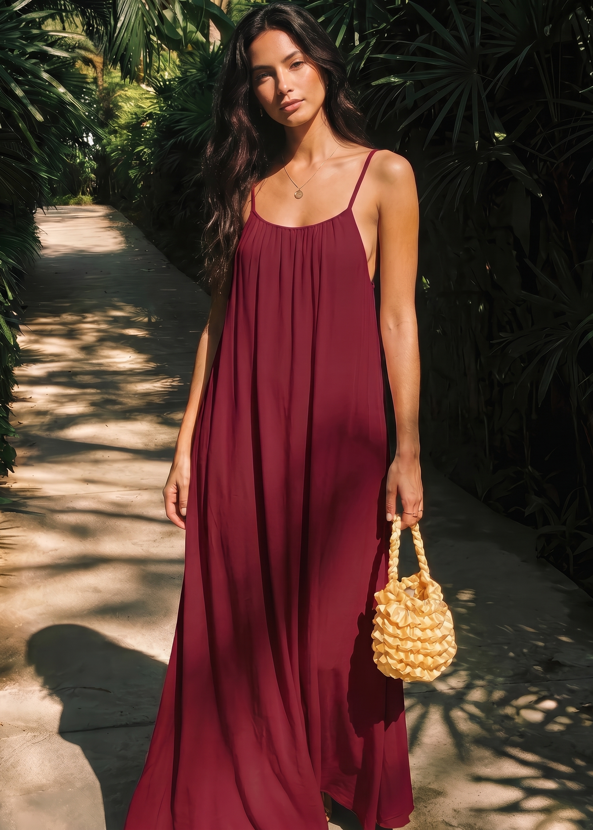 Women's Backless Cami Maxi Dress in Wine Red – Front view | Hensley London