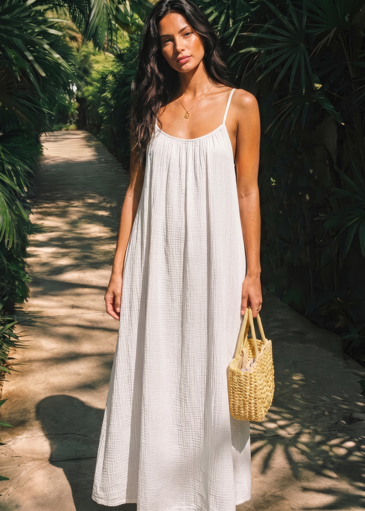 Women's Backless Cami Maxi Dress in White – Front view | Hensley London