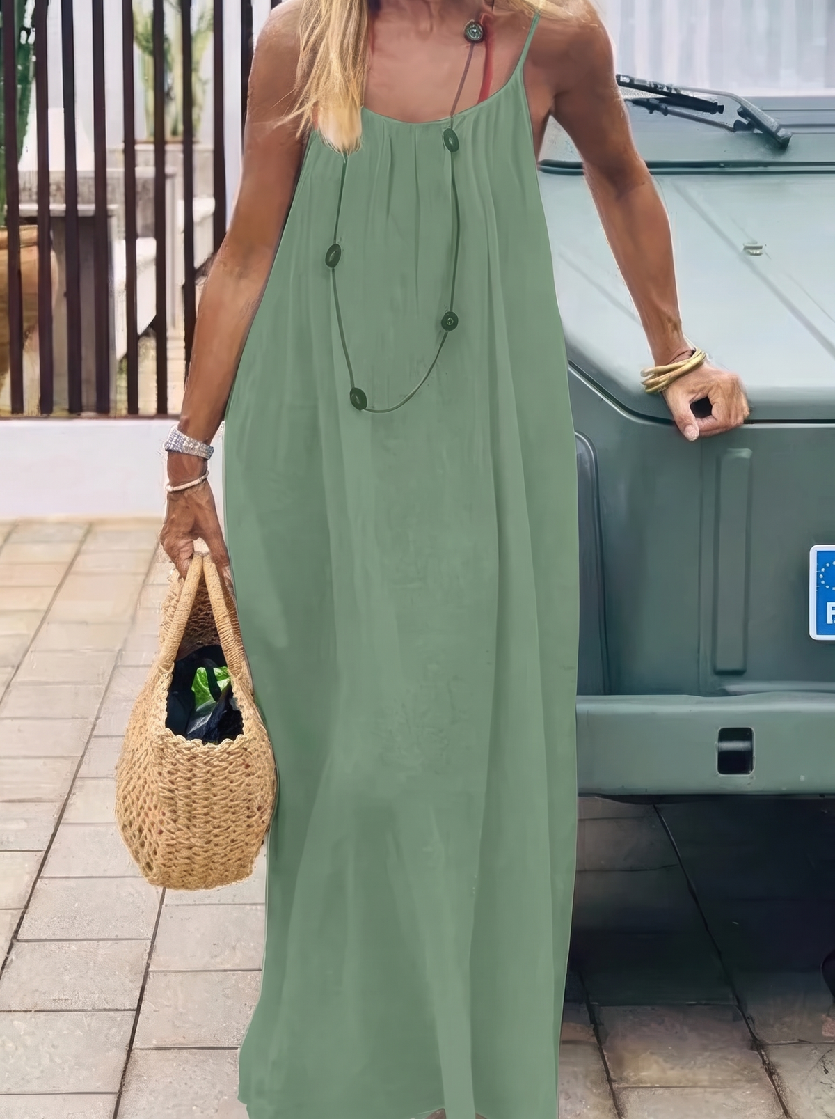Women's Backless Cami Maxi Dress in Green – Front view | Hensley London
