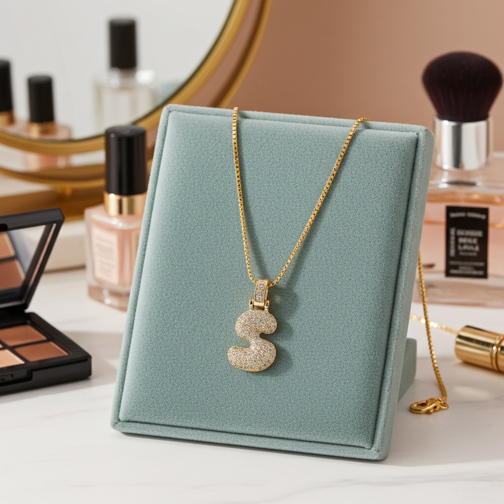 14k Gold-Plated Initial Necklace with Zircon Accents – Dazzling Bubble Letter Design