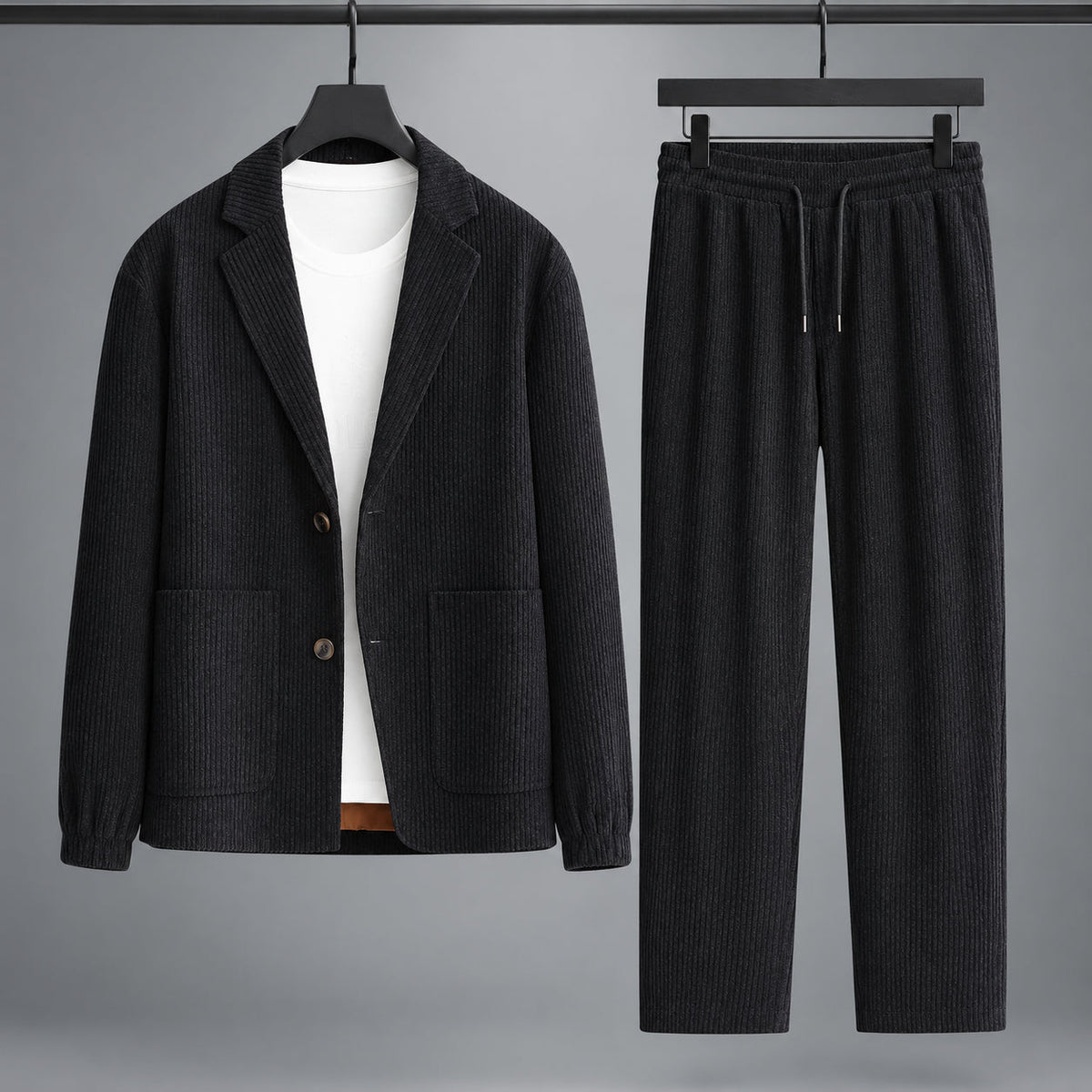 Men's Corduroy Blazer and Drawstring Trouser Set in Black – front view of set | Hensley London