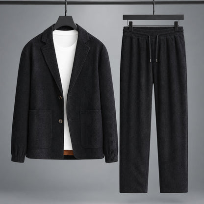 Men's Corduroy Blazer and Drawstring Trouser Set in Black – front view of set | Hensley London