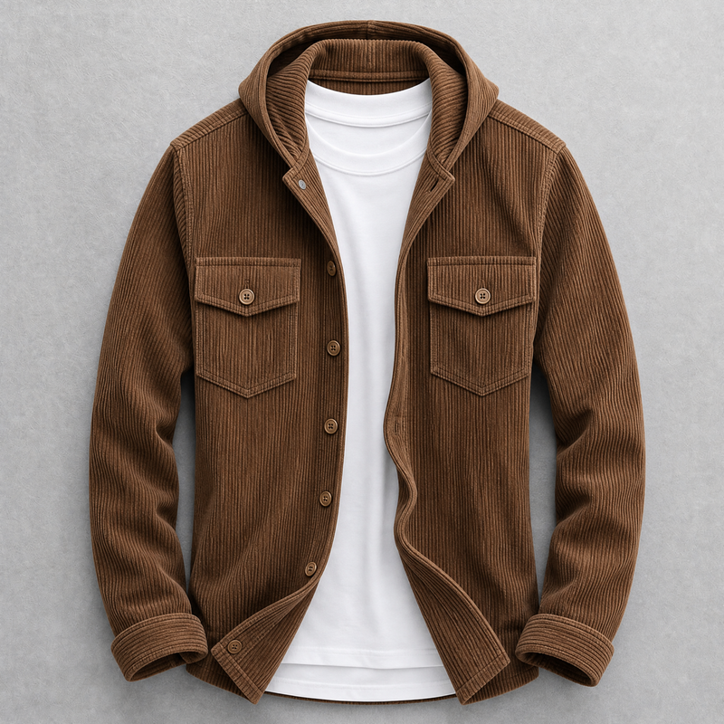 Men's Hooded Corduroy Jacket in Brown – front view | Hensley London
