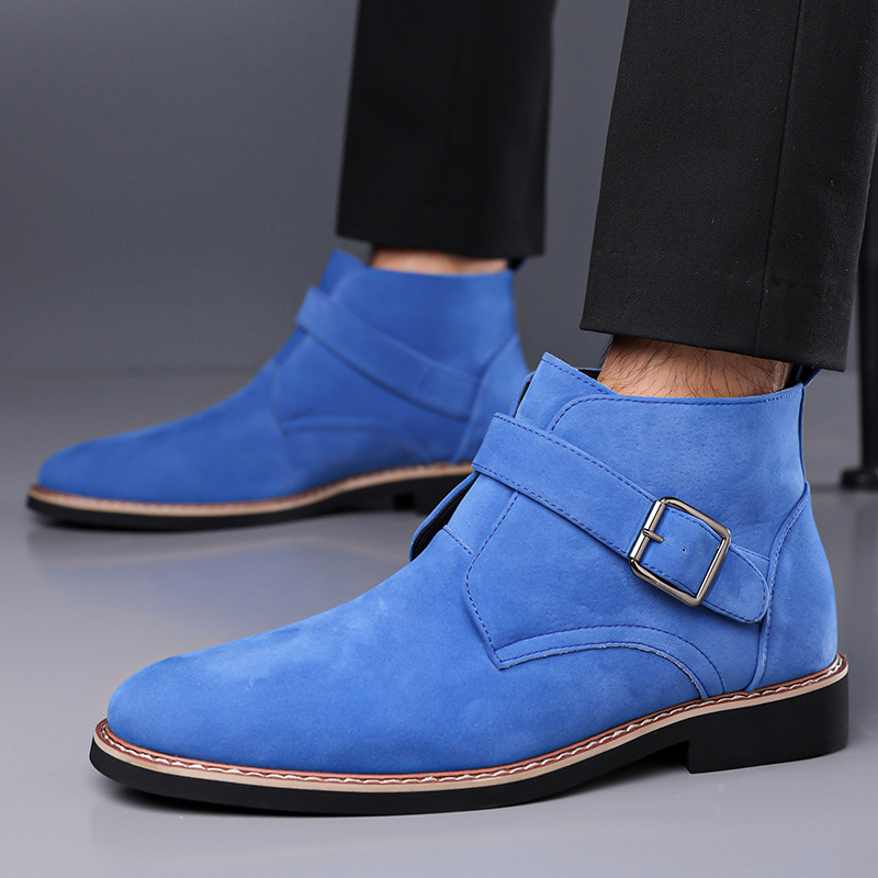 Men's Buckle-Strap Ankle Boots with Tapered Toe in Blue – worn side view | Hensley London
