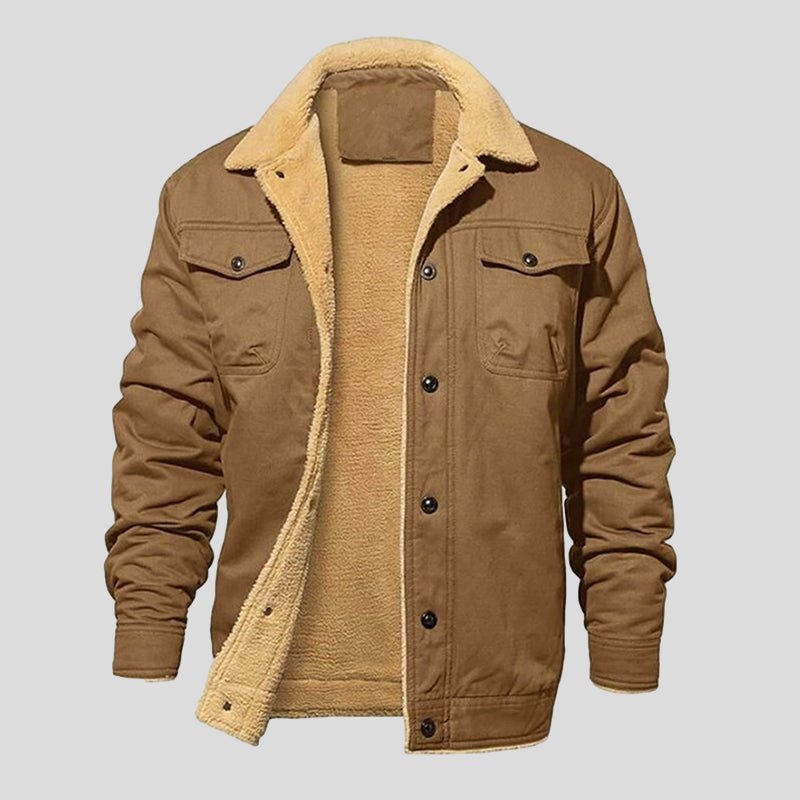 Men's Fleece-Lined Jacket with Contrast Collar in Khaki – front product view | Hensley London