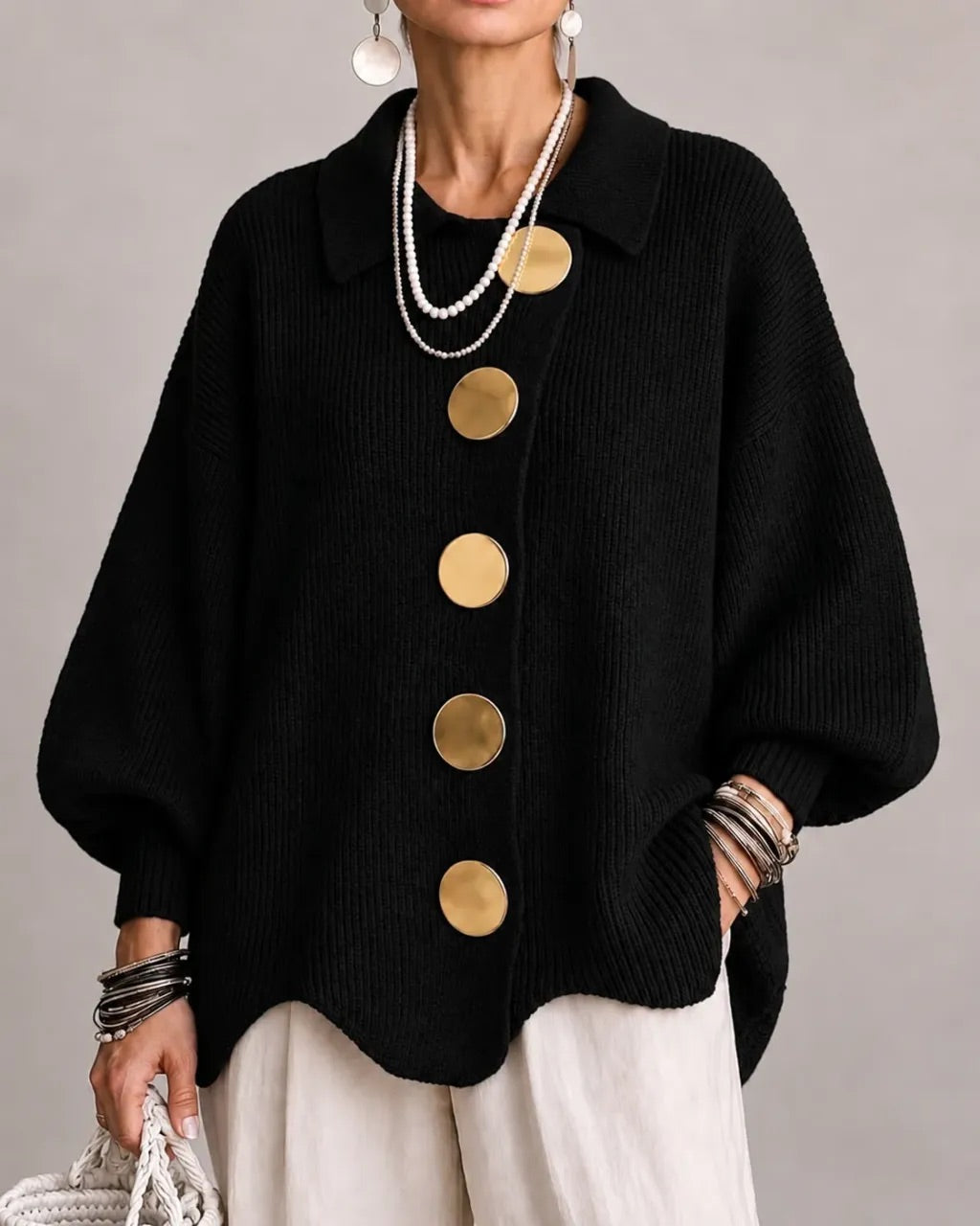 Women's Oversized Collared Knit Cardigan in Black – front view on model | Hensley London
