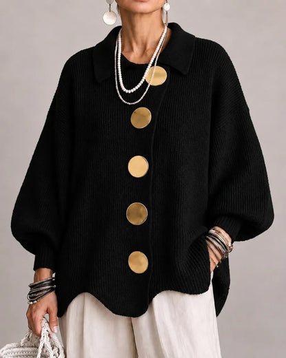 Women's Oversized Collared Knit Cardigan in Black – front view on model | Hensley London