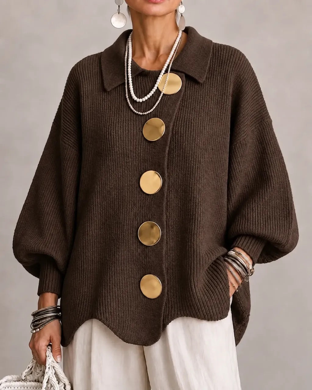 Women's Oversized Collared Knit Cardigan in Brown – front view on model | Hensley London