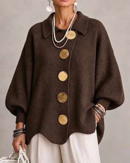 Women's Oversized Collared Knit Cardigan in Brown – front view on model | Hensley London