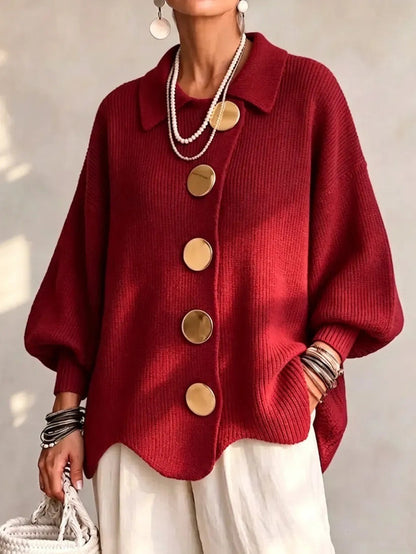 Women's Oversized Collared Knit Cardigan in Red – front view on model | Hensley London