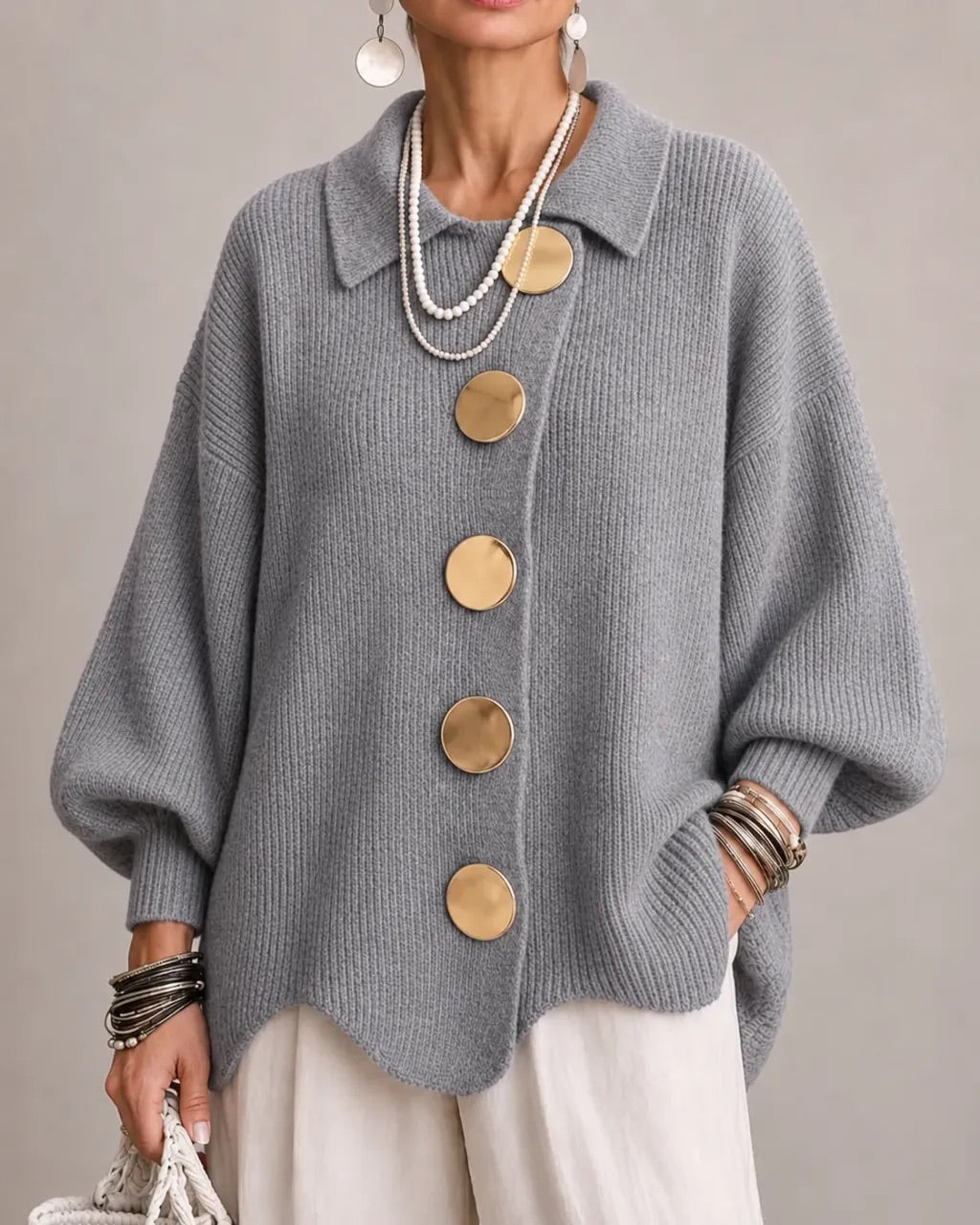 Women's Oversized Collared Knit Cardigan in Grey – front view on model | Hensley London