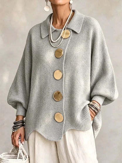 Women's Oversized Collared Knit Cardigan in Grey – front view on model | Hensley London