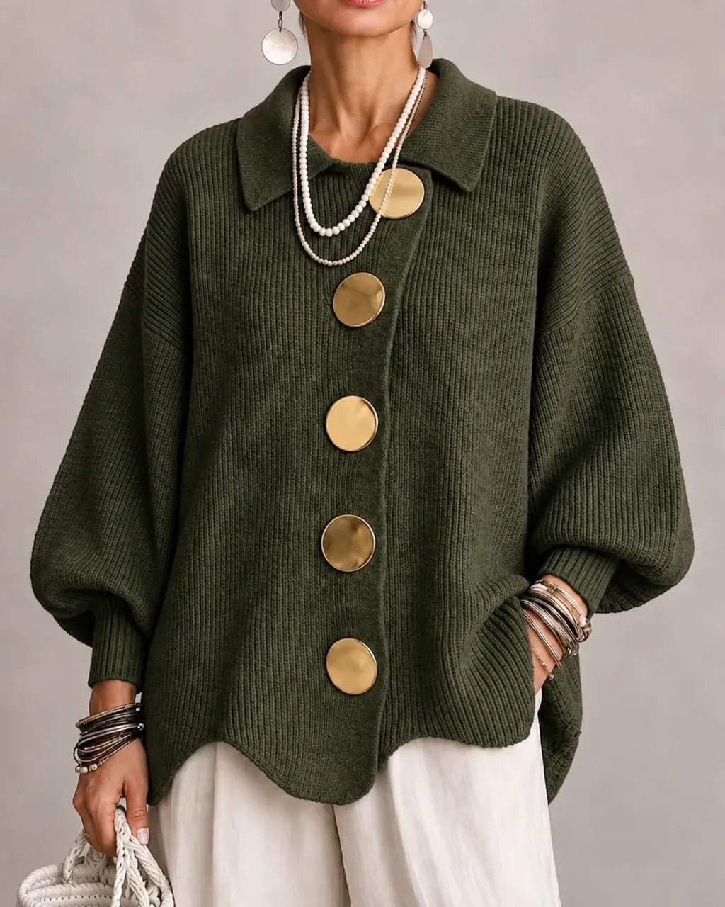Women's Oversized Collared Knit Cardigan in Green – front view on model | Hensley London