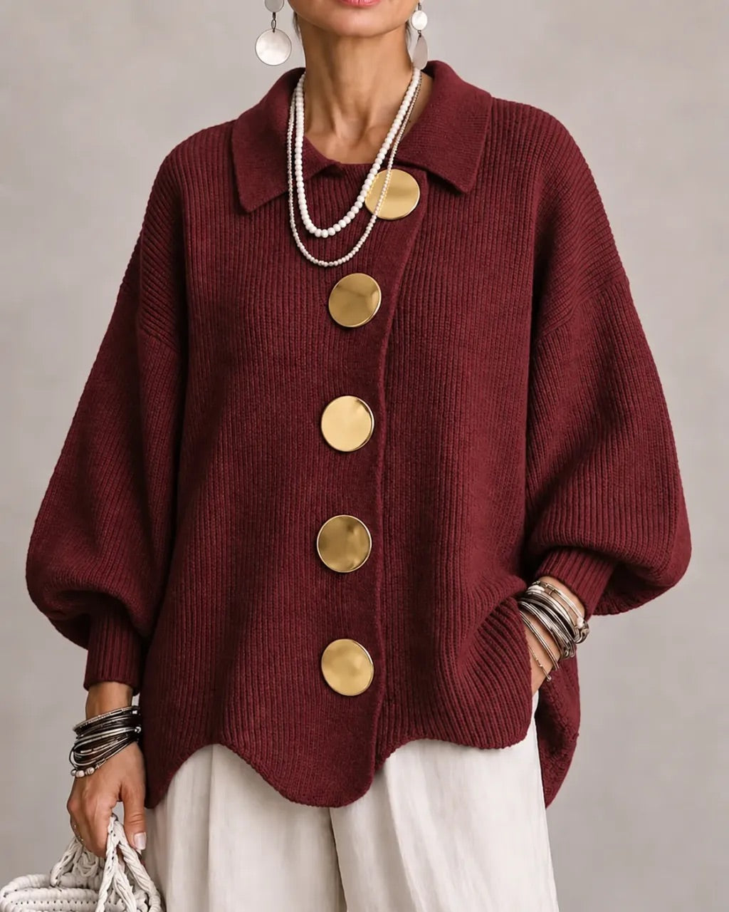 Women's Oversized Collared Knit Cardigan in Wine – front view on model | Hensley London