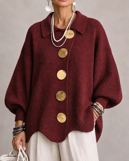 Women's Oversized Collared Knit Cardigan in Wine – front view on model | Hensley London
