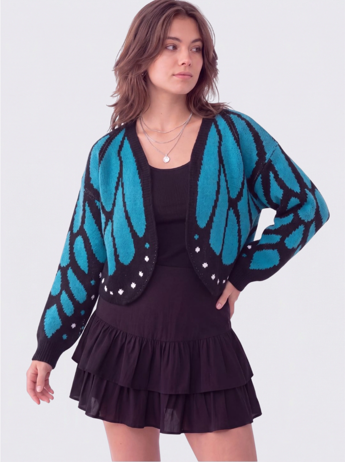 Women's Butterfly Knit Cardigan in Light Blue – front view on model | Hensley London
