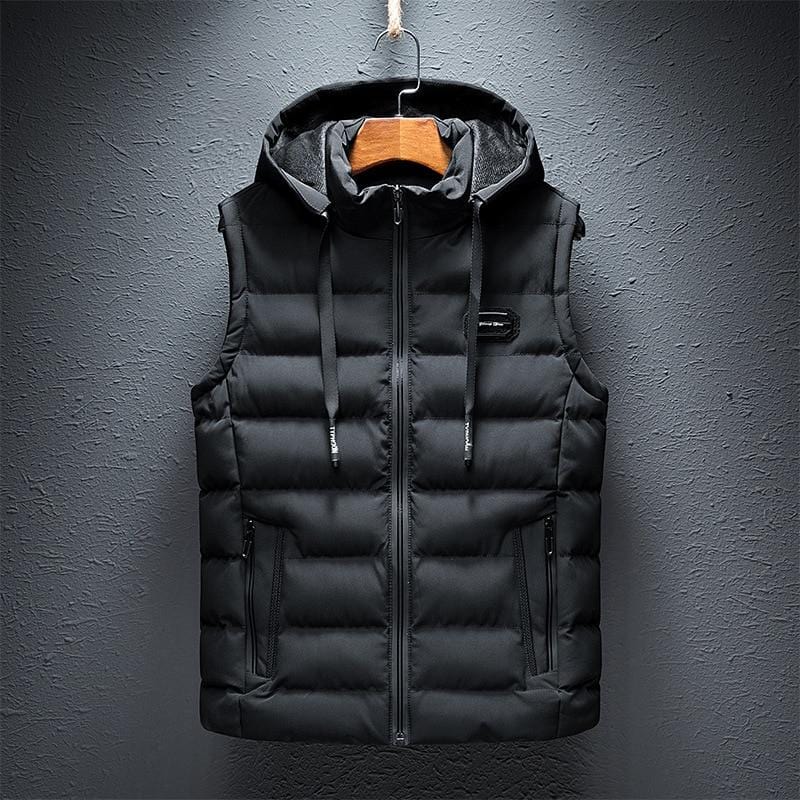 Men's Hooded Quilted Gilet with Zip Front in Black – front view | Hensley London