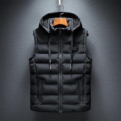 Men's Hooded Quilted Gilet with Zip Front in Black – front view | Hensley London