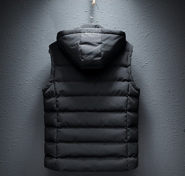 Men's Hooded Quilted Gilet with Zip Front in Black – back view | Hensley London