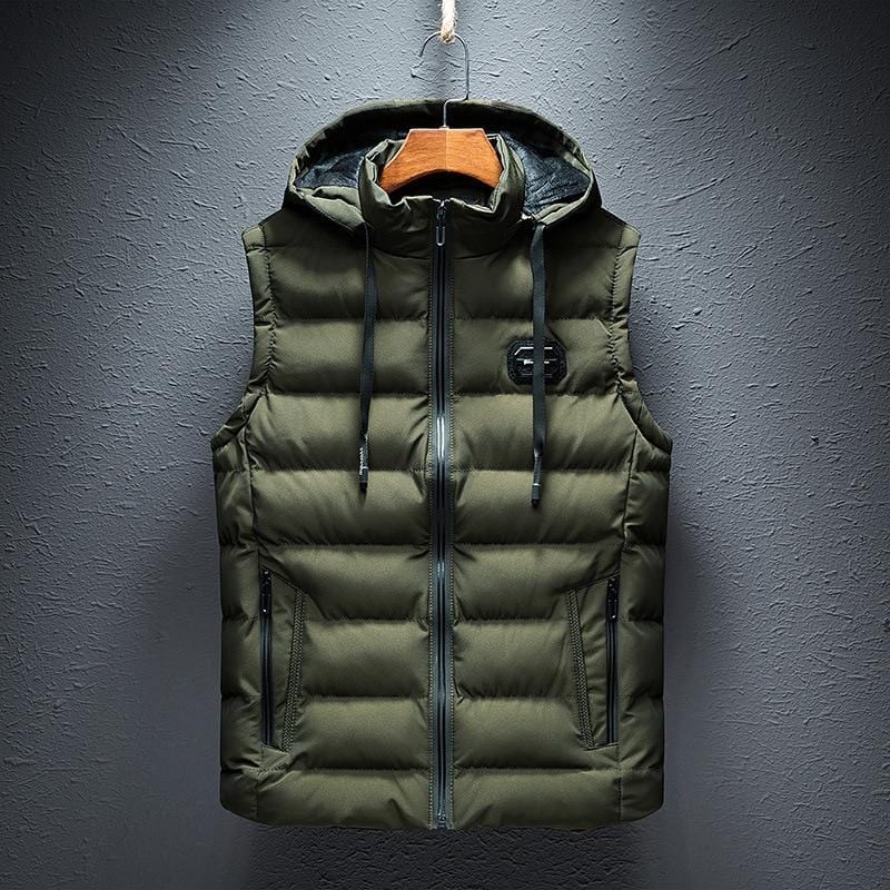 Men's Hooded Quilted Gilet with Zip Front in Army Green – front view | Hensley London