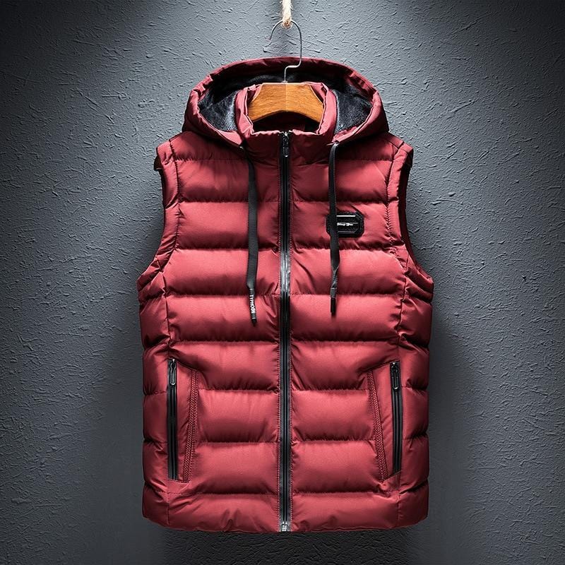 Men's Hooded Quilted Gilet with Zip Front in Burgundy – front view | Hensley London