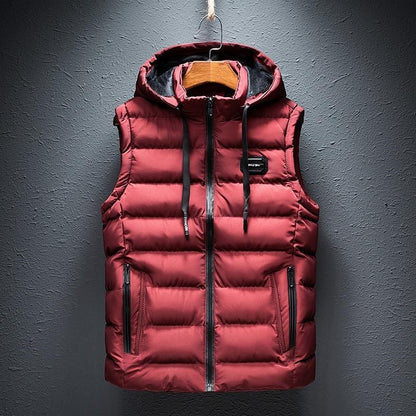 Men's Hooded Quilted Gilet with Zip Front in Burgundy – front view | Hensley London