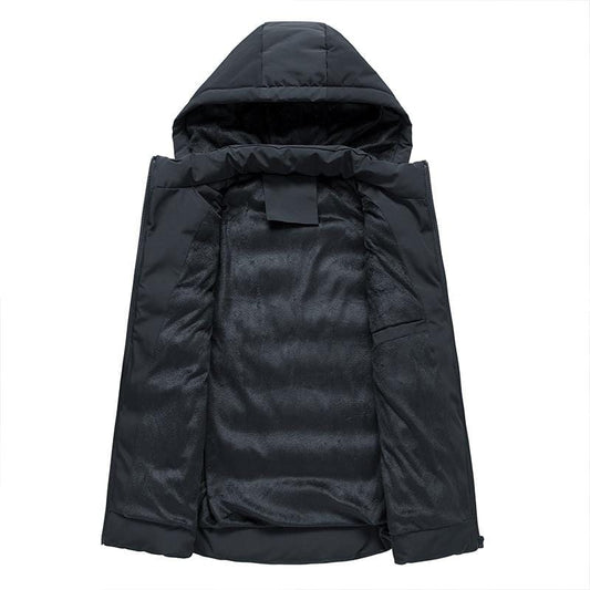 Men's Hooded Quilted Gilet with Zip Front in Black – open front view | Hensley London