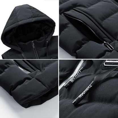 Men's Hooded Quilted Gilet with Zip Front in Black – hood and zip details | Hensley London
