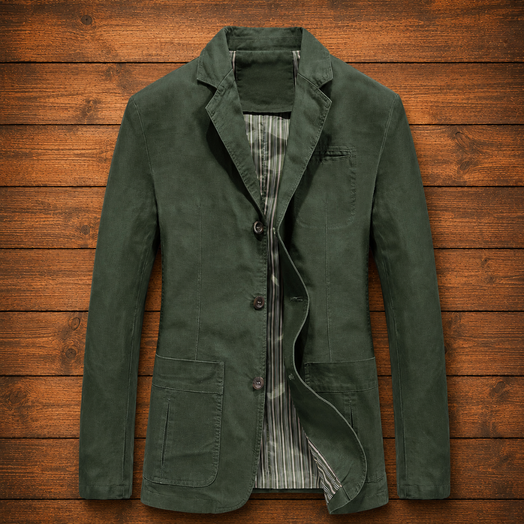 Men's Notch-Lapel Three-Button Casual Blazer in Green – front view | Hensley London